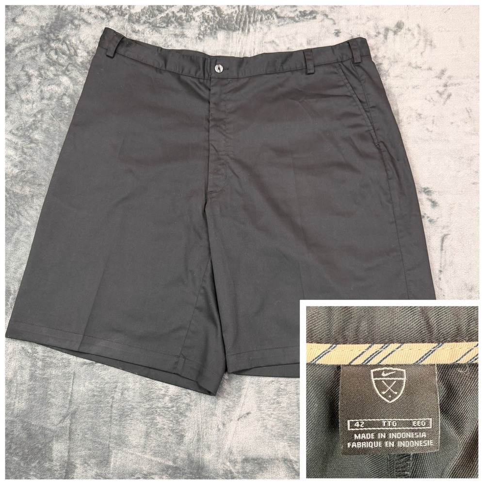 Nike Golf Mens Black Flat Front Chino Shorts Size 42 Cotton Blend Twill Swoosh‎